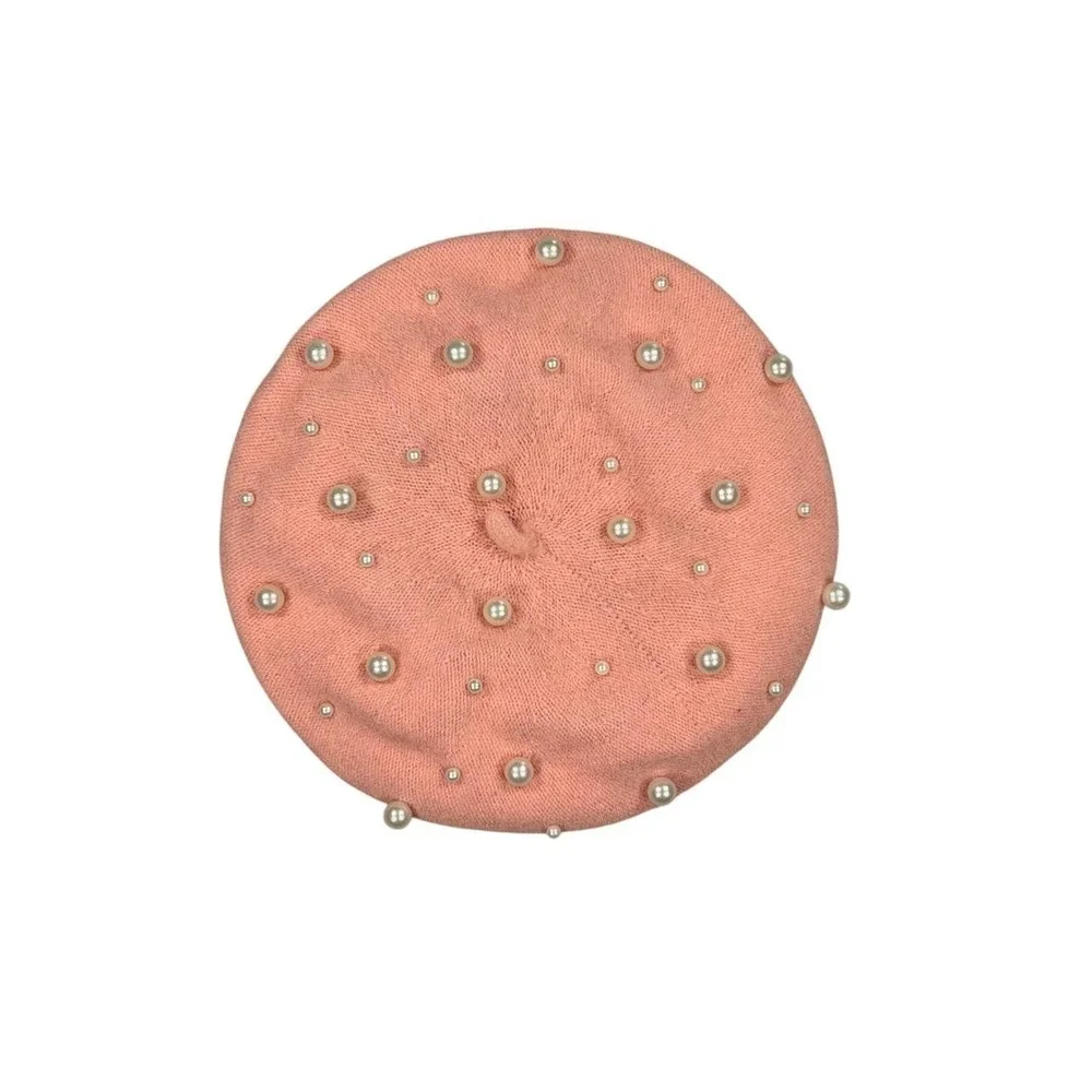 Unbranded Faux Pearl Knit Beret One Size Women Pink Peach Beaded Hat